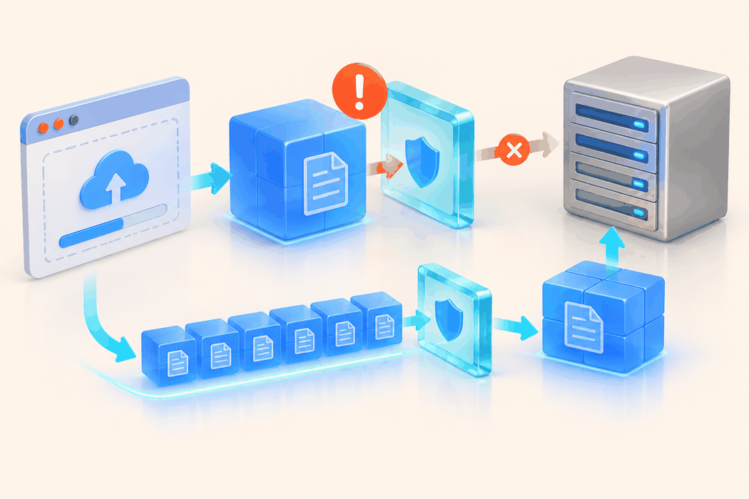An oversized upload is stopped at a network gateway while smaller application-level chunks travel to the origin