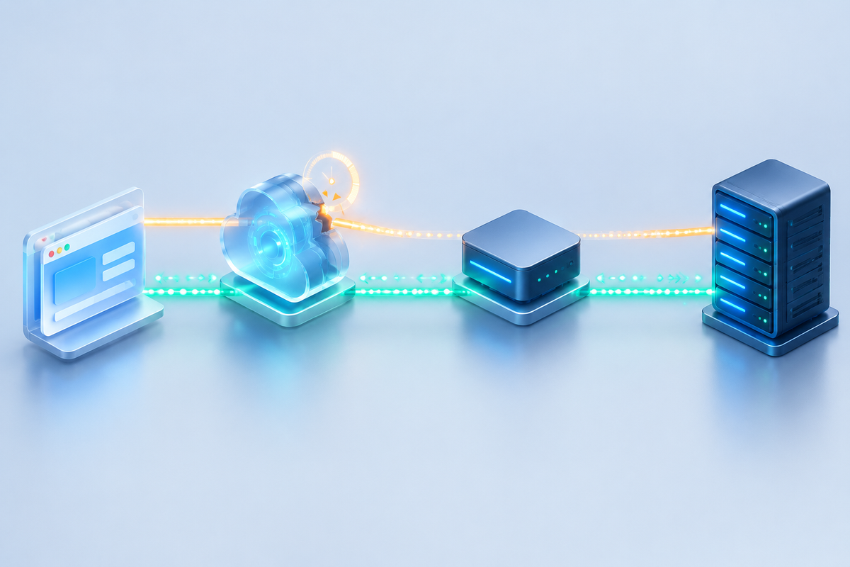 A browser connects through a cloud gateway and reverse proxy to a server, with a broken connection beside an active heartbeat path