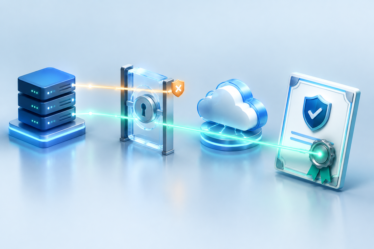 DNS authorization checks connect a CDN cloud gateway to a certificate, showing blocked and approved issuance paths
