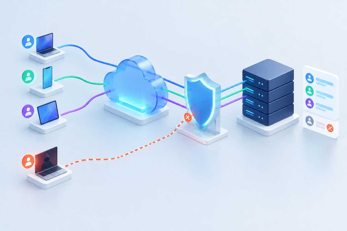 Visitor identities pass through a trusted CDN proxy to the origin while a forged identity is blocked