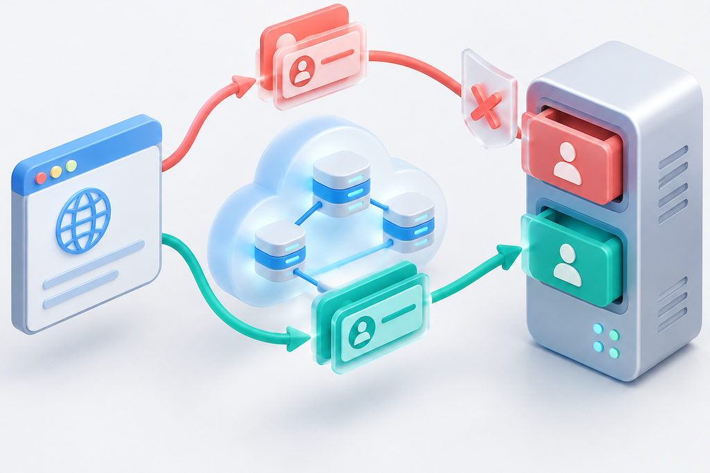 A CDN request follows a matching identity path into a virtual host, while a mismatched path is blocked.
