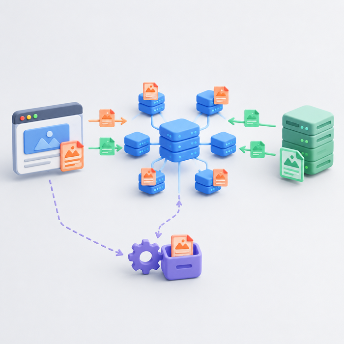 Old and new page versions travel through browser storage, CDN nodes, and a Service Worker cache.