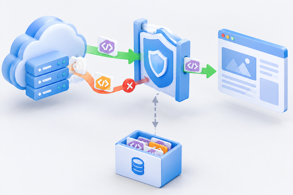 A browser security gate allows scripts with matching tokens while blocking a mismatched token from cached content.