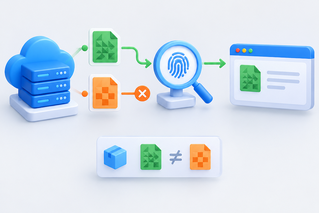 A fingerprint check allows matching CDN files into the browser while rejecting a different resource version.