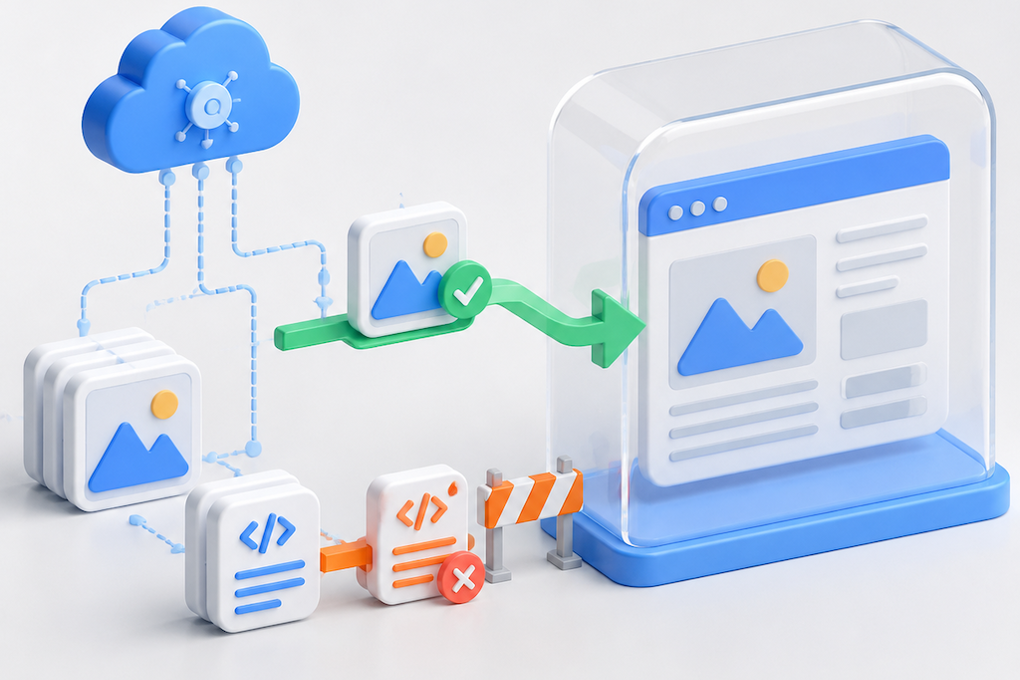 CDN resources enter an isolated browser after a permission check, while a resource without permission is blocked.