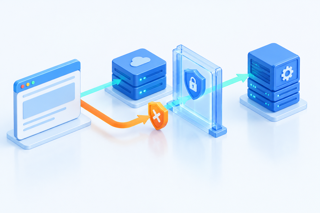 Browser requests pass through a CDN and a security gate, contrasting permitted preflight traffic with a blocked request.